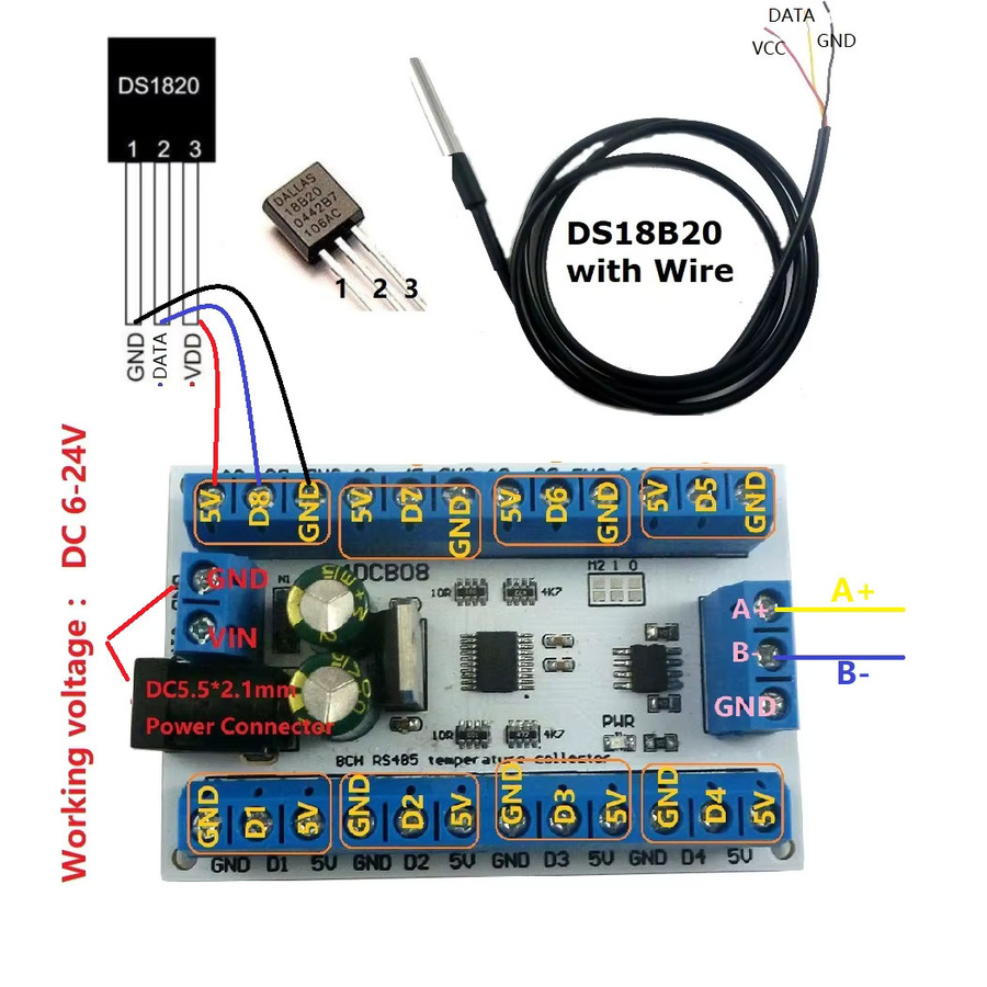 Eletechsup 8CH DC 12V RS485 DS18B20 Temperatursensor zur Temperaturerfassung für papierlose Rekorder und SPS-Konfiguration - Bild 3