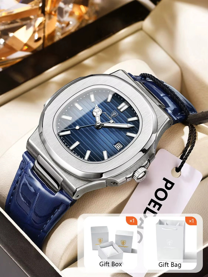 POEDAGAR Armbanduhr Quarz, Leder, Blau, Herren - Bild 7