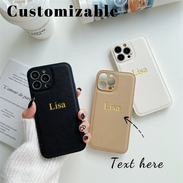 Personalisierte Handyhülle aus luxuriösem PU-Leder für Apple iPhone 11 bis iPhone 17 Pro Max Plus in Beige mit individuellen Initialen oder Namen - Bild 1