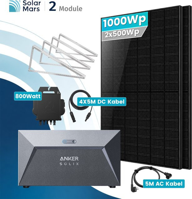 Solarmars Balkonkraftwerk Komplettset mit Anker SOLIX Solarbank E1600 und EZ1 Mikroinverter 800W inklusive Flachdachhalterung in Schwarz - Bild 1