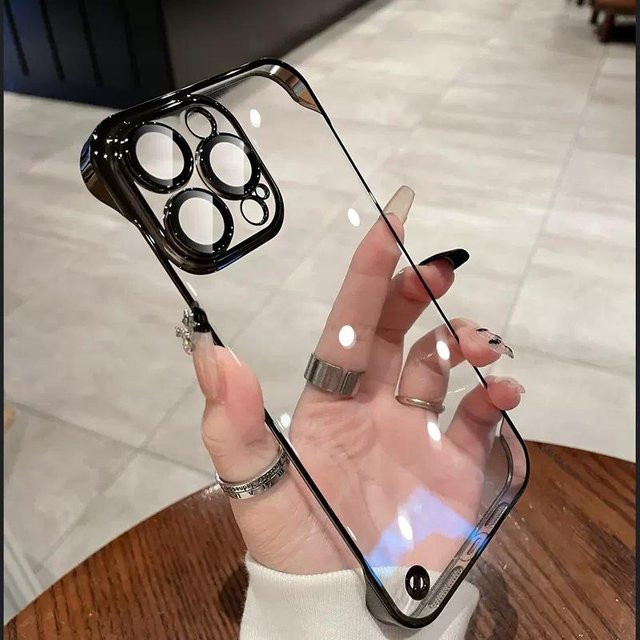 Ultra-dünne Handyhülle für iPhone 16, 15 und 14 Pro Max mit galvanisierter Hartschale ohne Rahmen, transparent Schwarz - Bild 1