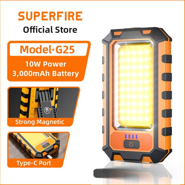 SUPERFIRE G25 COB Arbeitsleuchte und Taschenlampe, schwarz, USB-C aufladbar, wasserdicht und multifunktional - Bild 1