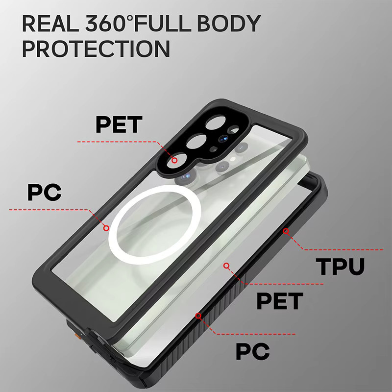 Samsung Galaxy S25 Ultra Handyhülle mit Magnetfunktion, wasserdicht und 360-Grad-Fallschutz in Schwarz - Bild 5