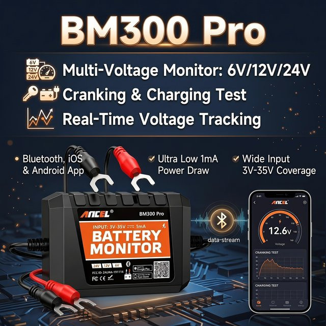ANCEL BM300 Pro Batterietester und Batteriemonitor mit SOC-Zustandsanalyse für iOS und Android, Schwarz - Bild 1
