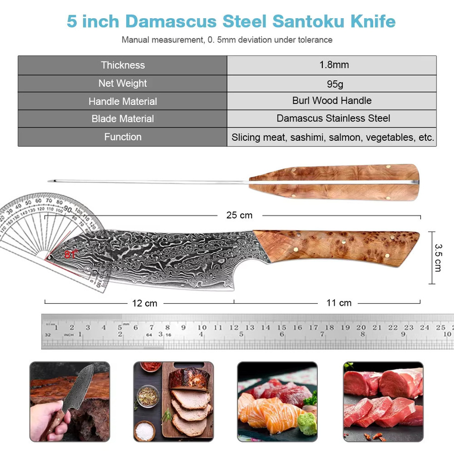 XITUO Japanisches Santoku-Kochmesser aus Damaszenerstahl mit Holzgriff in Silber, Klingenlänge: 12,7 cm - Bild 2