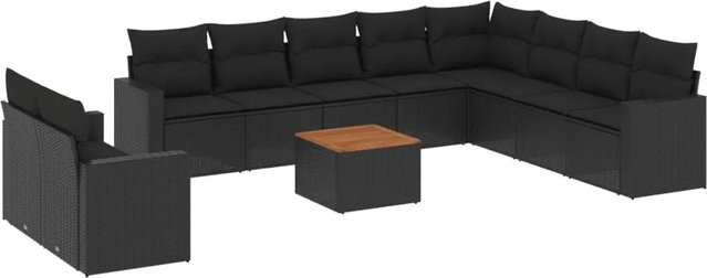 vidaXL 11-teilige Garten-Sofagarnitur aus Poly-Rattan und Akazienholz in Schwarz mit Kissen - Bild 1