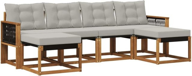 vidaXL Outdoor-Sofagarnitur aus massivem Akazienholz mit Textilene und Kissen, 6-teilig, Natur und Hellgrau - Bild 1