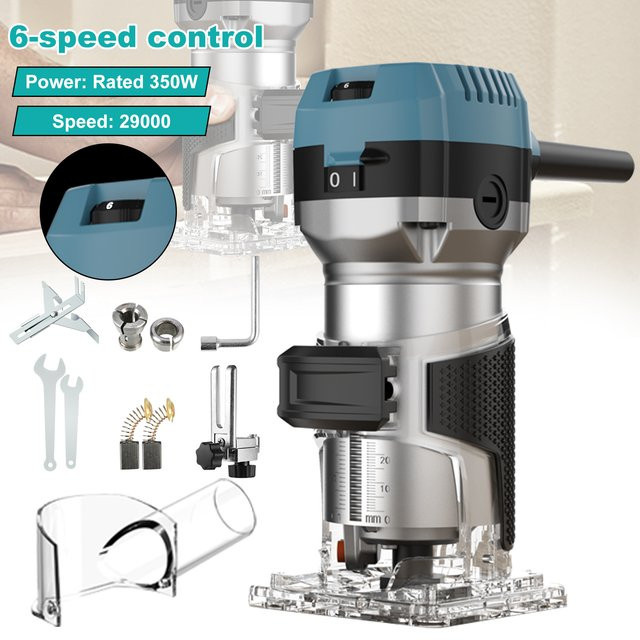 TKKEACE Elektrische Fräsmaschine mit 350W und 29000RPM, 6-Gang Handgeführter Holzkantenfräser Trimmer in Blau - Bild 1