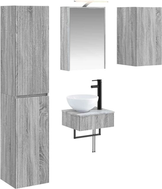 vidaXL Badezimmermöbel-Set 5-teilig in Grau, modern mit Spiegelschrank, Wandschrank und Waschtischunterschrank aus Holz und Glas mit LED-Beleuchtung - Bild 1