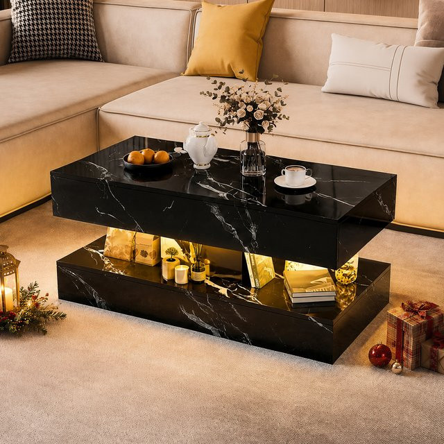 Anajqaqia Moderner Couchtisch in Schwarz mit Marmor-Effekt und Hochglanz-Finish, zweistufiger Sofatisch mit 2 Schiebeschubladen und offenem Stauraum, B/T/H: 100 x 50 x 45 cm - Bild 1