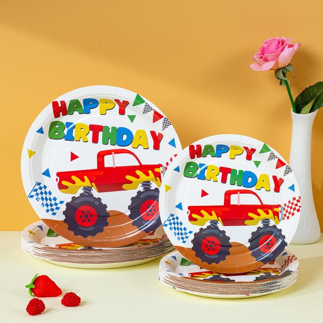 Monster Truck Happy Birthday Einweg-Pappteller, runde Pappteller für Themenpartys und Feiern in Mehrfarbig - Bild 1
