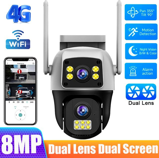 8MP 4G SIM-Karten-Kamera mit Doppellinse und Doppelbildschirm, kabellose WLAN Außenüberwachung mit Menschenerkennung und PTZ-Funktion, IP-Sicherheitskamera in Weiß - Bild 1