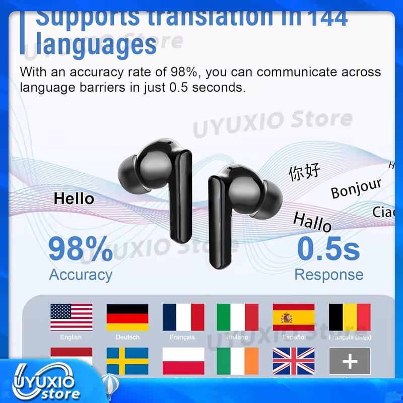 UYUXIO Echtzeit-Übersetzer-Ohrhörer mit KI-Sprachübersetzung, TWS Earbuds mit ENC Geräuschunterdrückung, 144 Sprachen und 8 Offline-Sprachen, Schwarz - Bild 5
