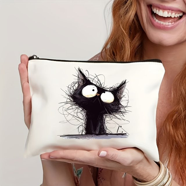 Make-up-Tasche im Katzen-Design mit Reißverschluss, weiß, Breite: 18,0 cm - Bild 1