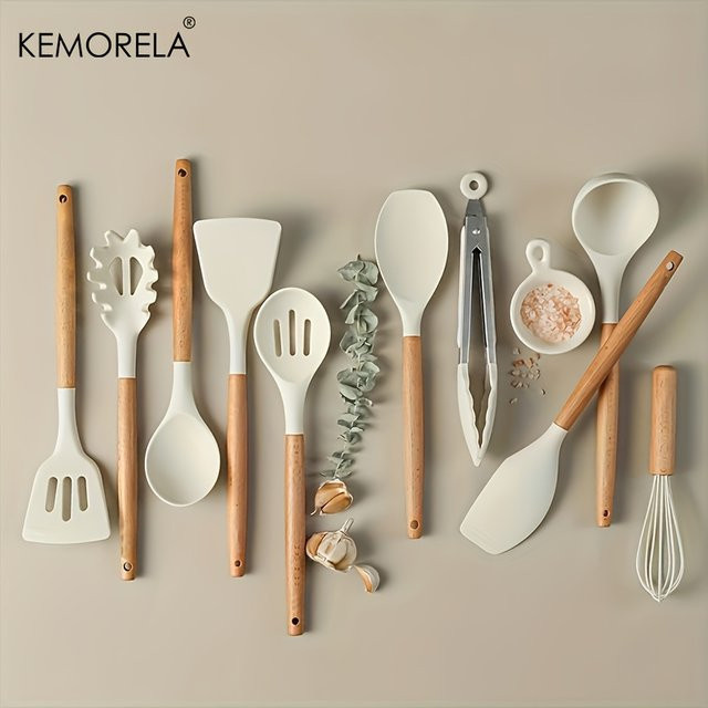 KEMORELA 10-teiliges Silikon-Kochutensilien-Set mit Holzgriff in Beige und Weiß, hitzebeständig und antihaftbeschichtet, inklusive Spatel, Wender, Löffel, Zange und Schneebesen - Bild 1
