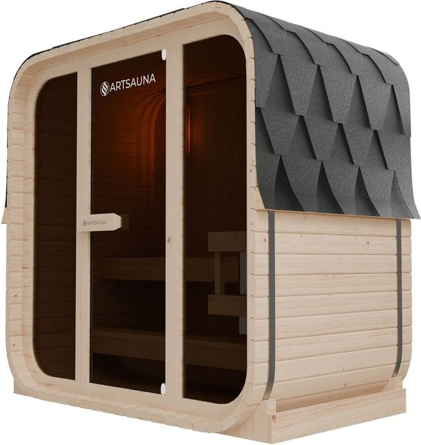ARTSAUNA Cube Fasssauna Fjora M Natur Outdoor Sauna Komplettset für 3 Personen mit Panorama-Sicherheitsglas Front, Bank mit Trittstufen und 3,6 kW Ofen - Bild 1
