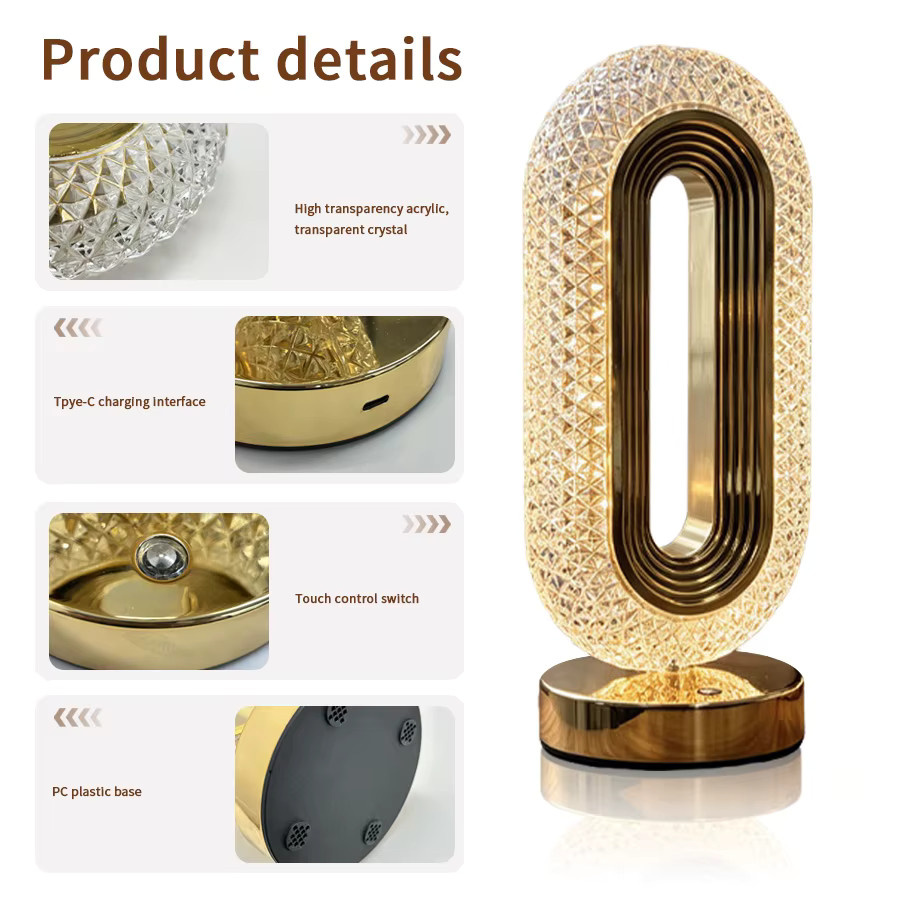 GGBEE LED-Kristall-Tischlampe mit Touch-Steuerung, dimmbar, USB-aufladbar, Stimmungslicht in Transparent und Gold/Messing für Schlafzimmer und Dekoration - Bild 2