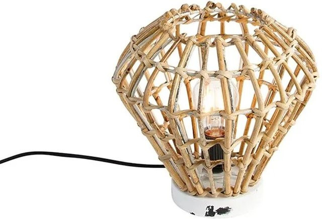 QAZQA Ländliche Tischlampe aus Bambus und Stahl in Weiß und Holzoptik mit E27 Fassung - Bild 1