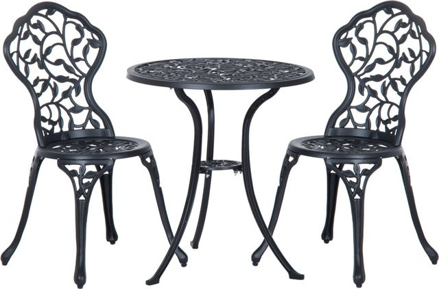 Outsunny Bistroset für 2 Personen aus Metall mit Tisch und 2 Stühlen, Schwarz matt, ideal für Garten, Terrasse und Außenbereich - Bild 1
