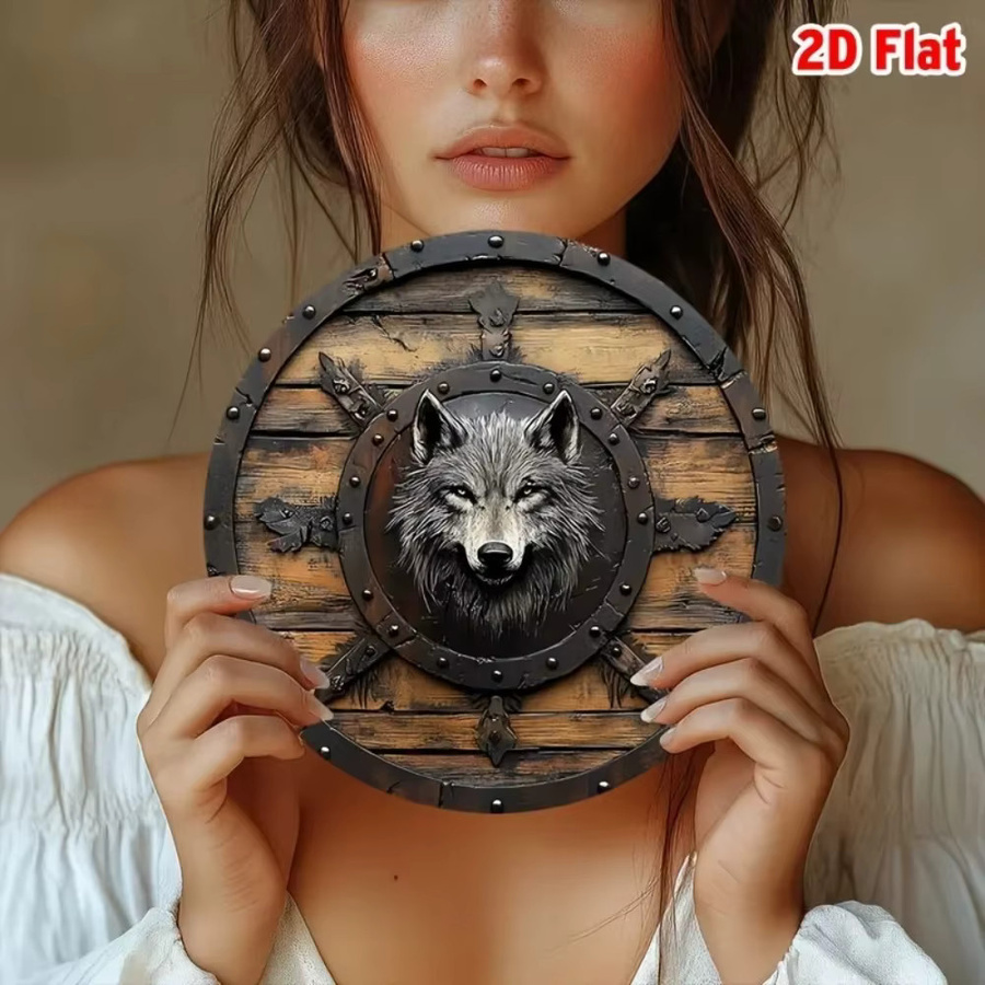 CIFBUY Wikinger Aluminium-Schild mit Nordischem Wolf-Motiv in Braun, Rundes Metall-Wanddekor - Bild 3