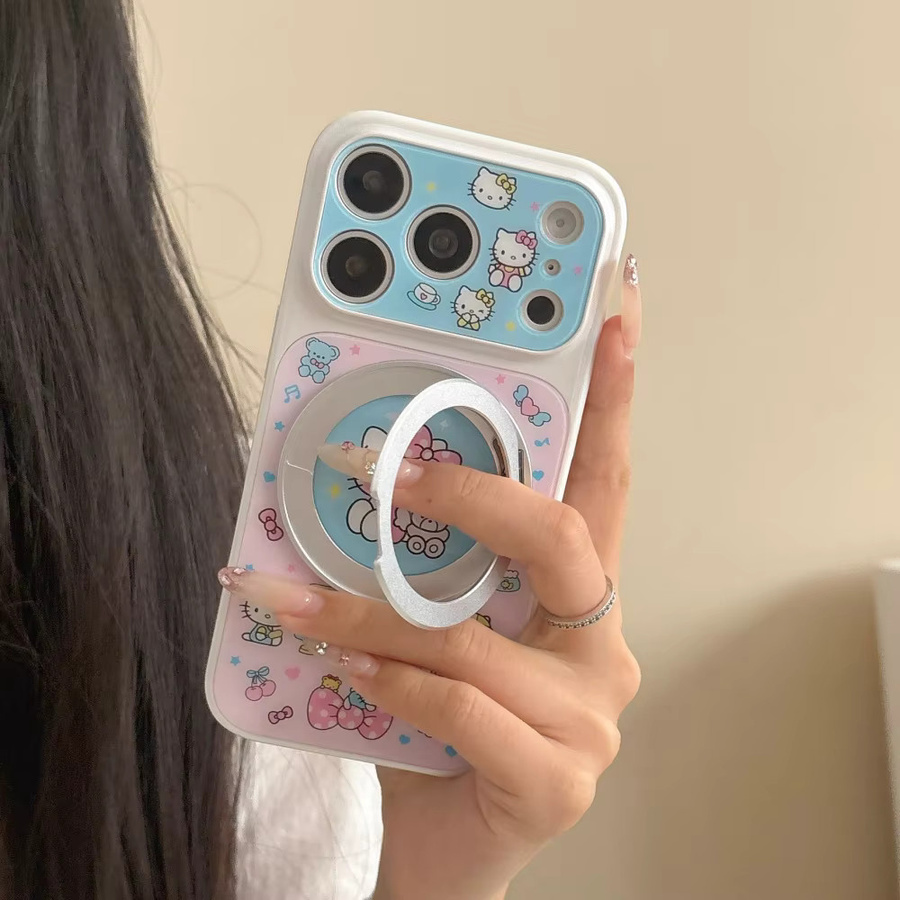 Sanrio KT Cartoon Handyhülle mit 360 Grad rotierendem Magnetständer für iPhone 14 15 16 17 Pro Max, stoßfest und kabelloses Laden, pink/multicolour - Bild 2
