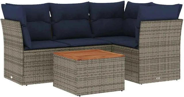 vidaXL 5-teilige Garten-Sofagarnitur aus Poly-Rattan mit Kissen in Grau und Marineblau - Bild 1