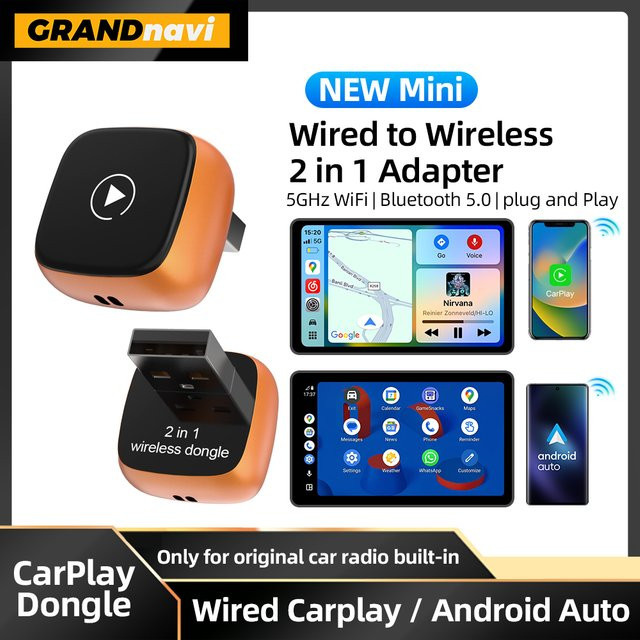 Grandnavi Orange 2in1 Smart Mini Box Wireless Carplay und Android Auto Plug & Play Verbindung für VW KIA Volvo Audi Ford Benz Honda MG - Bild 1