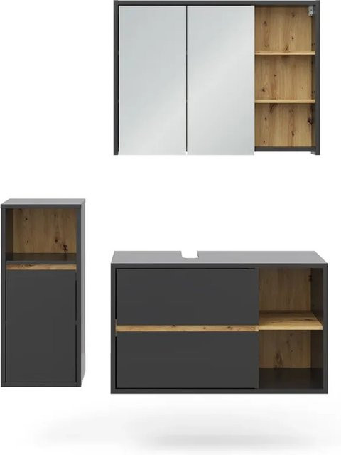 Vicco Badmöbel-Set Viola in Anthrazit und Eiche, 3-teiliges Badezimmer-Set mit Spiegelschrank, Waschtischunterschrank und Midischrank - Bild 2