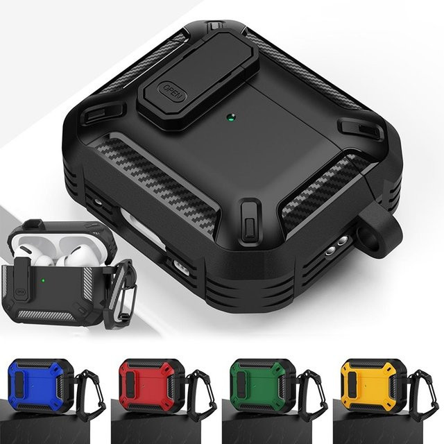 Stoßfeste Carbon Fiber Switch Schutzhülle für AirPods Pro 2, 1, 3 und 2 mit Schlüsselanhänger in Schwarz - Bild 1