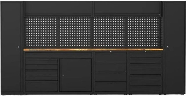 Galaflor Werkzeugschrank mit Arbeitsplatte, Lochwand und Türen, Schwarz, Breite: 202,5 cm