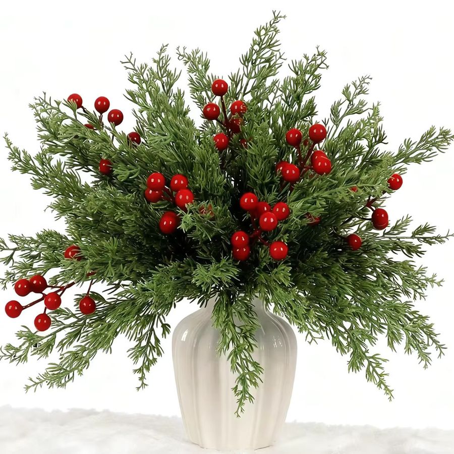 50 Stück künstliche Holly-Pflanzen mit roten Früchten in Rot und Grün für Weihnachts- und Neujahrsdekorationen - Bild 3
