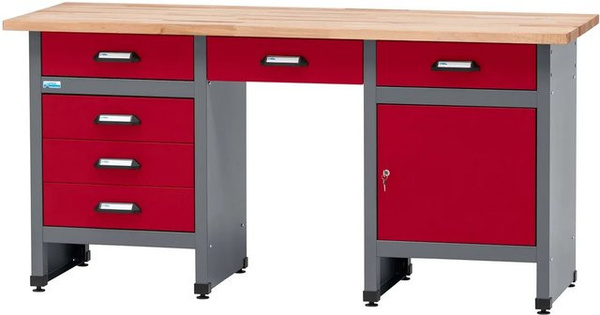 Küpper Werkbank Eintürig mit 6 Schubladen und Sitzraum, Dunkelrot, B/T/H: 170 x 60 x 84 cm