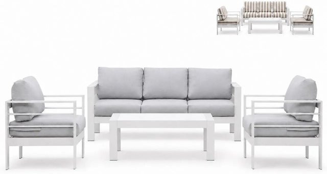 MeXo Gartenmöbel Set für 5 Personen aus pulverbeschichtetem Aluminium in Weiß mit gestreiften Polsterkissen in Khaki und Beige - Bild 1