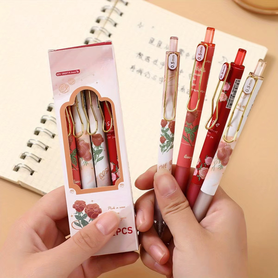 4er-Set Gel-Tintenstifte mit Blumen-Design, 0,5 mm Spitzendurchmesser, schwarze Tinte, ästhetische Schreibgeräte für Schule und Büro - Bild 3