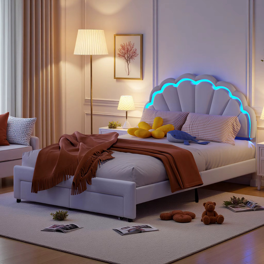 Comanlai Samtbet für Kinder mit Blütenblatt-Kopfteil, Lichtleiste und Aufbewahrungsschublade, Farbe: Weiß, B/T/H: 90 x 200 cm - Bild 2