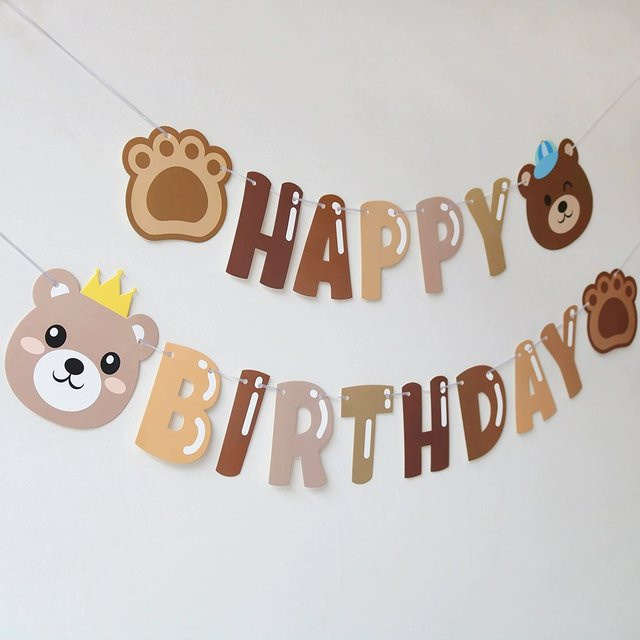 KUKUZHU Geburtstag Party Dekoration Banner mit Braunbär Motiv und Buchstaben aus Papier, Mehrfarbig - Bild 1