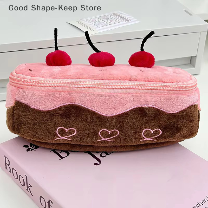 Niedliches Plüsch-Federmäppchen mit Kirschkuchen-Design in Weiß und Pink für deinen Schulbedarf - Bild 4