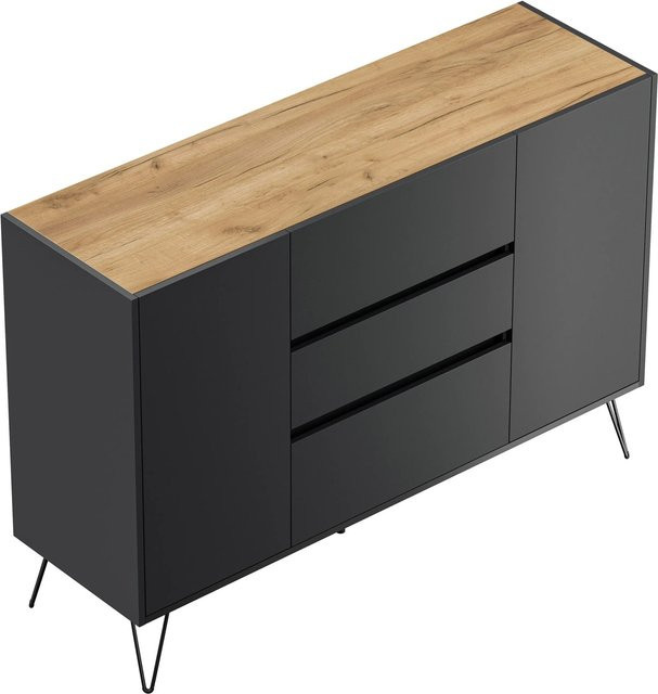 Posseik Sideboard Industrial mit 3 Schubladen und 2 Türen in Grafit und Eiche, Breite: 139 cm, Höhe: 42 cm, Tiefe: 93,6 cm - Bild 1