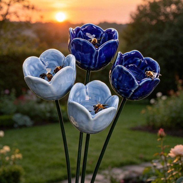 4-teilige Bienen-Wasserstation aus Keramik in Blau mit floralem Design als Gartendekoration für Schmetterlinge und Kolibris - Bild 1