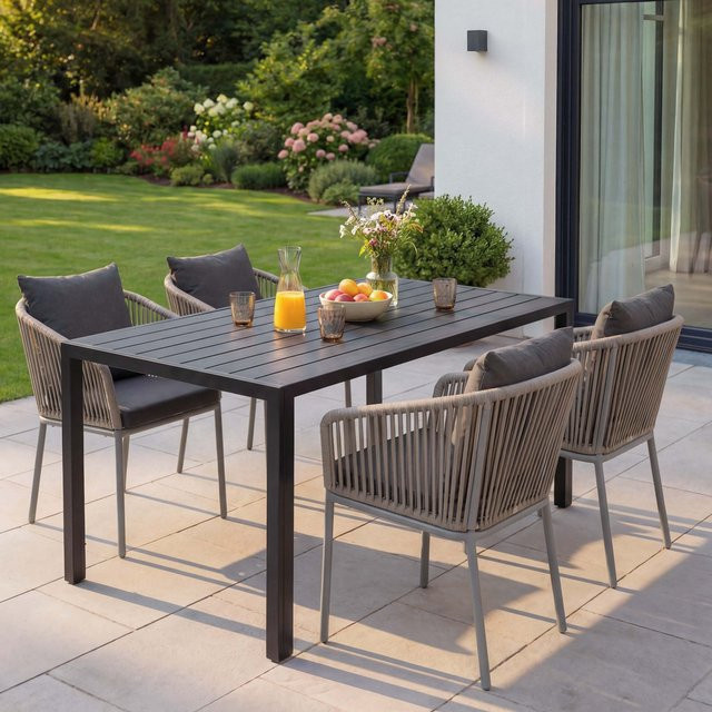 MCW Gartengarnitur N41 5-teilig aus Alu mit Seilgeflecht Rope in Grau inklusive dunkelgrauer Kissen, Tisch B: 140 cm, T: 80 cm, H: 80 cm - Bild 1