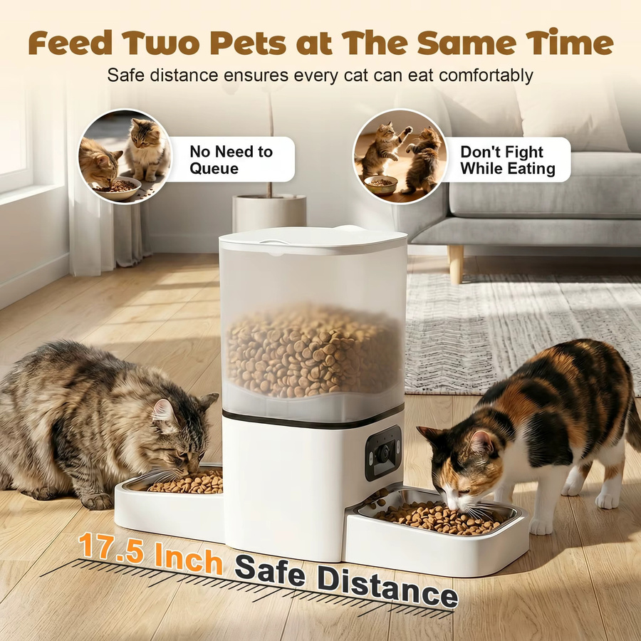 ELEOPTION Automatischer Katzenfutterautomat mit Doppelbehälter, WLAN Smart Pet Feeder mit 1080P HD Nachtsichtkamera und Tuya App-Steuerung, Weiß, 6 l - Bild 2