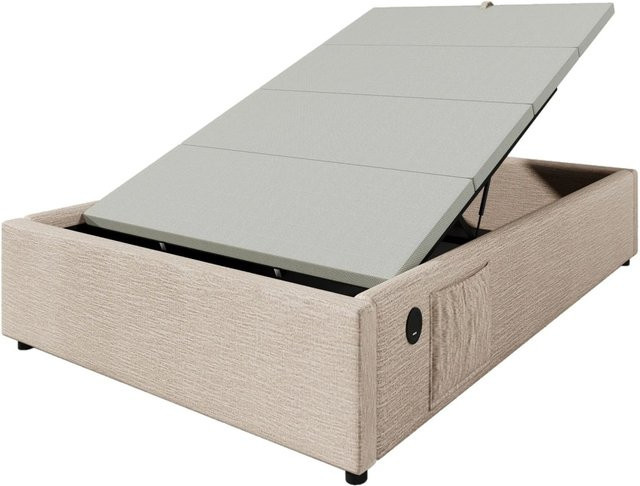 Merax Polsterbett mit Stauraum und USB-Ladeport, Farbe Beige/Braun, B/T/H: 90 x 190 x 30,5 cm - Bild 1