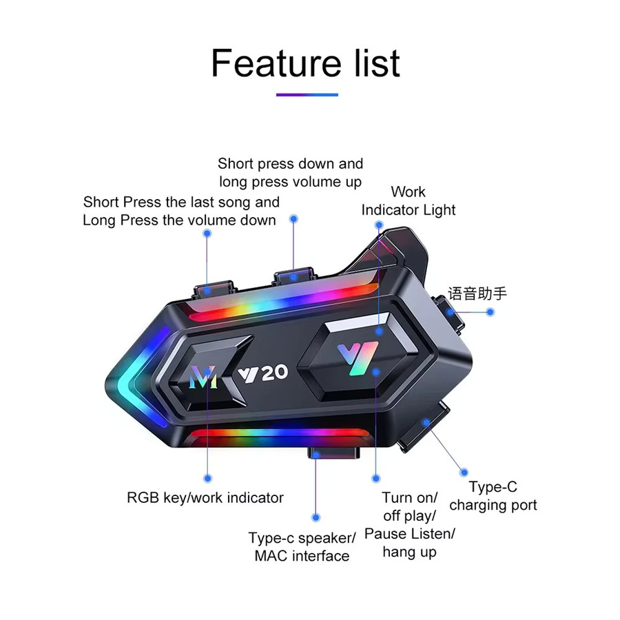 kebidumei Y20 Bluetooth-Motorradhelm-Headset in Schwarz mit RGB-Beleuchtung, Geräuschunterdrückung und 1000 mAh Akku - Bild 4
