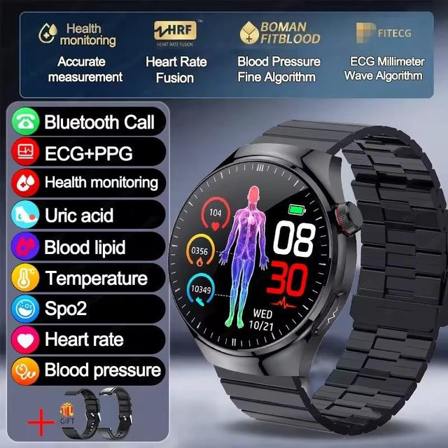 Lucky Start Smartwatch mit EKG und PPG zur Körperüberwachung, Herzfrequenzmessung und Telefonfunktion, kompatibel mit Android und iOS, Farbe: Schwarz/Silber - Bild 1