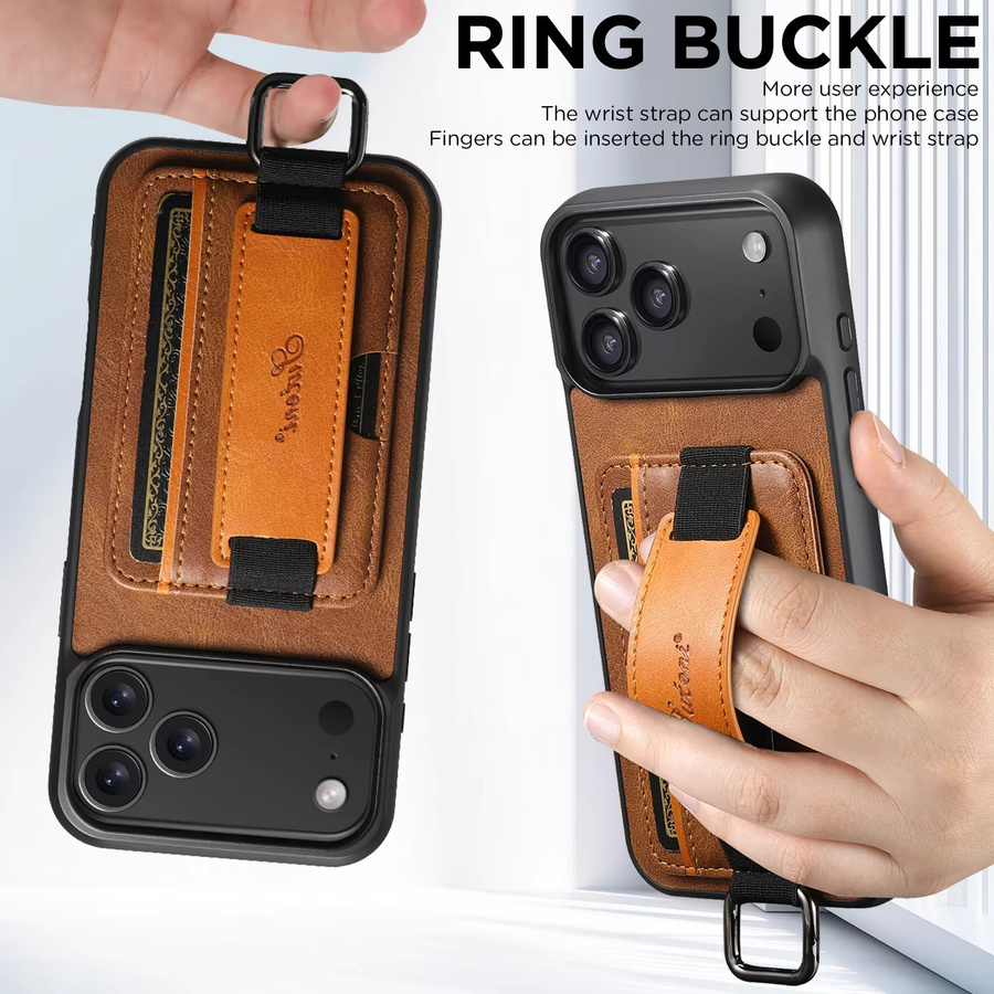 EUCAGR Handyhülle mit Handgelenkband, Ringverschluss und Kartenhalter aus Kunstleder für iPhone 17 Pro Max 16 Plus 15 14 13 12 Pro Max in Braun - Bild 5