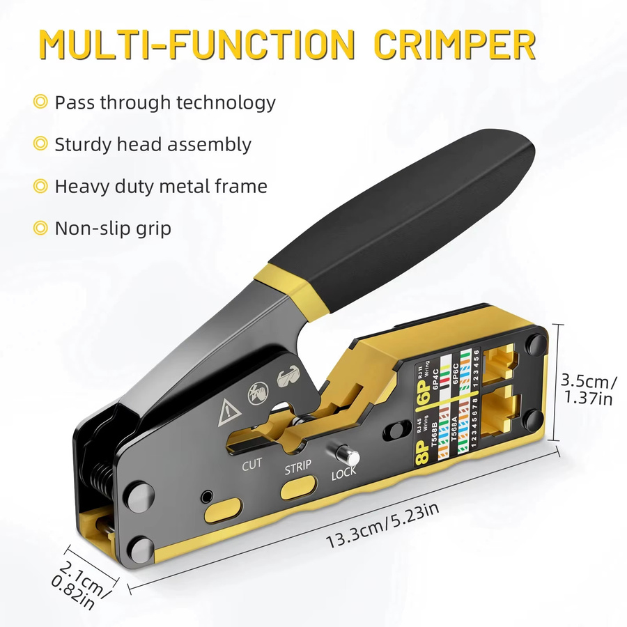 Kebidumei RJ45 Crimpzange für Durchgangs-Ethernet-Modularstecker, Crimpwerkzeug für Cat6 Cat5/5e RJ45-Stecker 8P6P und RJ11-Stecker, Gelb - Bild 5
