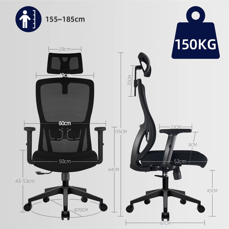 Ergonomischer Bürostuhl Durrafy in Schwarz mit Netzrücken, verstellbarer Kopfstütze und Lendenwirbelstütze für dein Home-Office - Bild 2