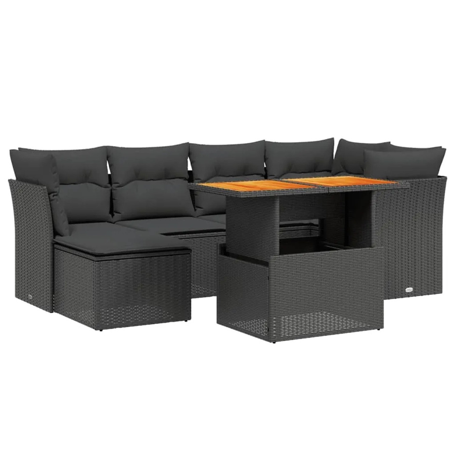 vidaXL 7-teilige Garten-Sofagarnitur in L-Form aus schwarzem Poly-Rattan mit Kissen und Akazienholz - Bild 2