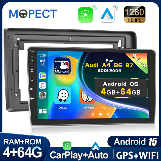 MOPECT Android Autoradio mit GPS und Carplay für Audi A4 S4 RS4 8e 8f B6 B7 sowie SEAT Exeo in Schwarz - Bild 1