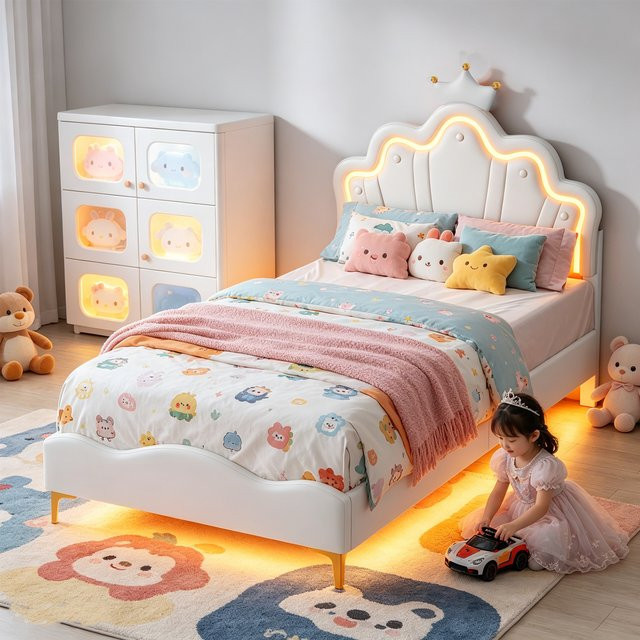 Anajqaqia Kinderbett mit LED-Beleuchtung und gepolstertem Kopfteil in Weiß, B/T/H: 90 x 200 cm - Bild 1